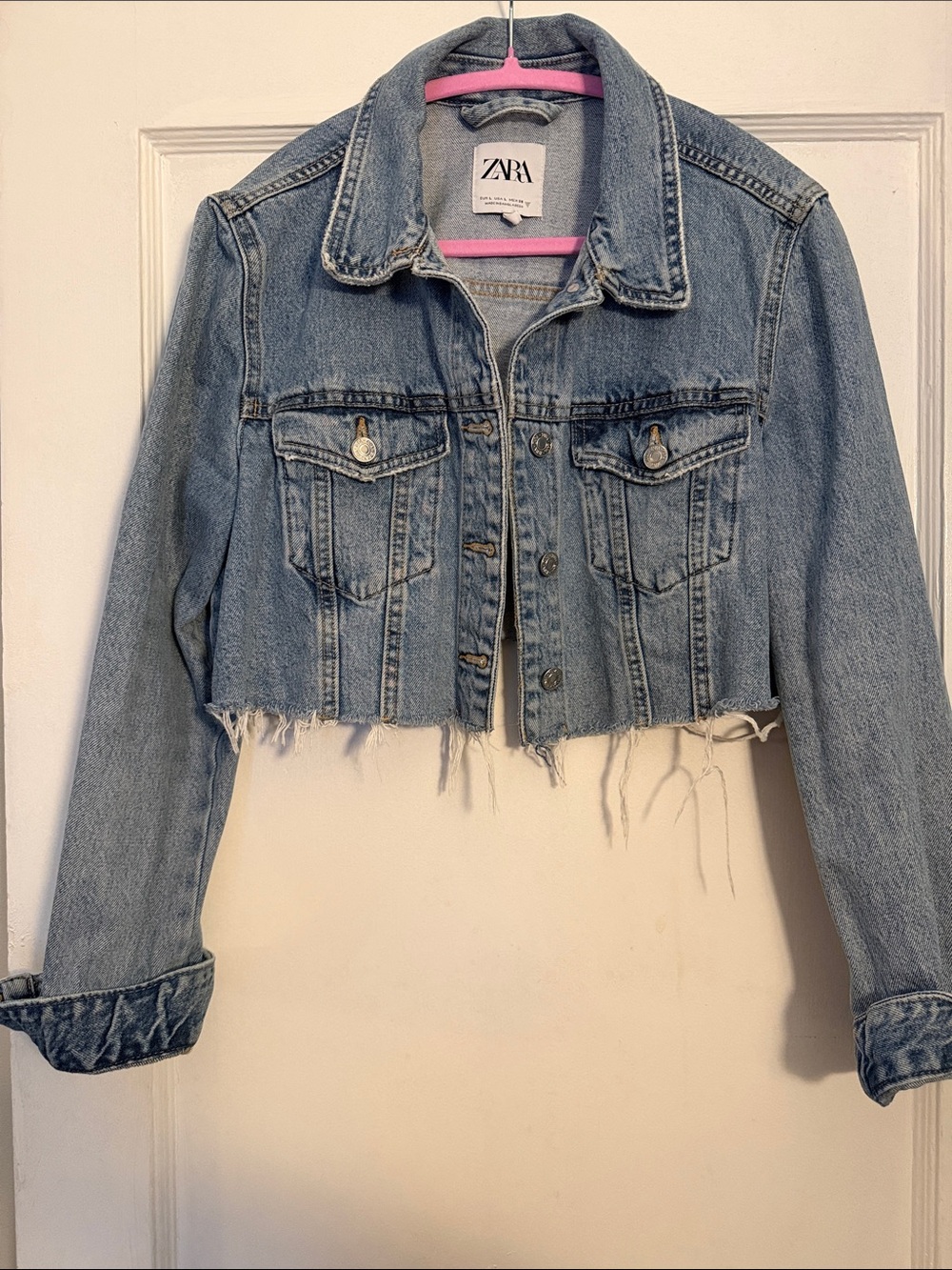 ZARA Light Blue Cropped Frayed Hem Denim Jacket